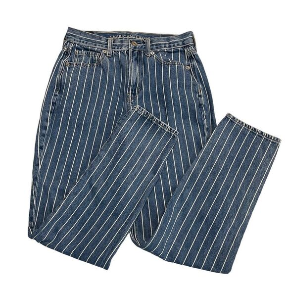 AMERICAN EAGLE OUTFITTERS blue vertical stripe Mom Jeans high rise sz 2 Regular - Picture 1 of 7